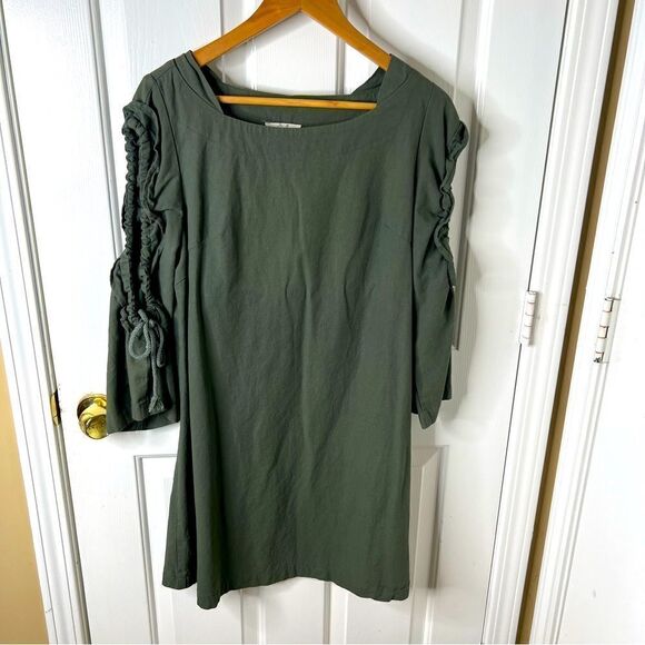 Easel Brand Anthropologie Dress Fall Boho Keyhole Sleeve Sage Olive Medium Linen - Picture 1 of 7